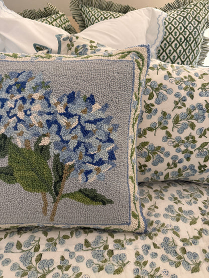 Blue hydrangea hooked wool pillow
