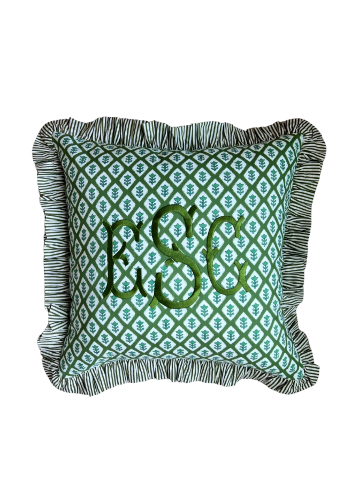 Green block print pillow cover with ruffle flange
