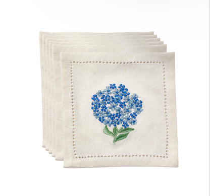 Hydrangea Set of 6 Hemstitch Cocktail Napkins with Hand Embroidered Details