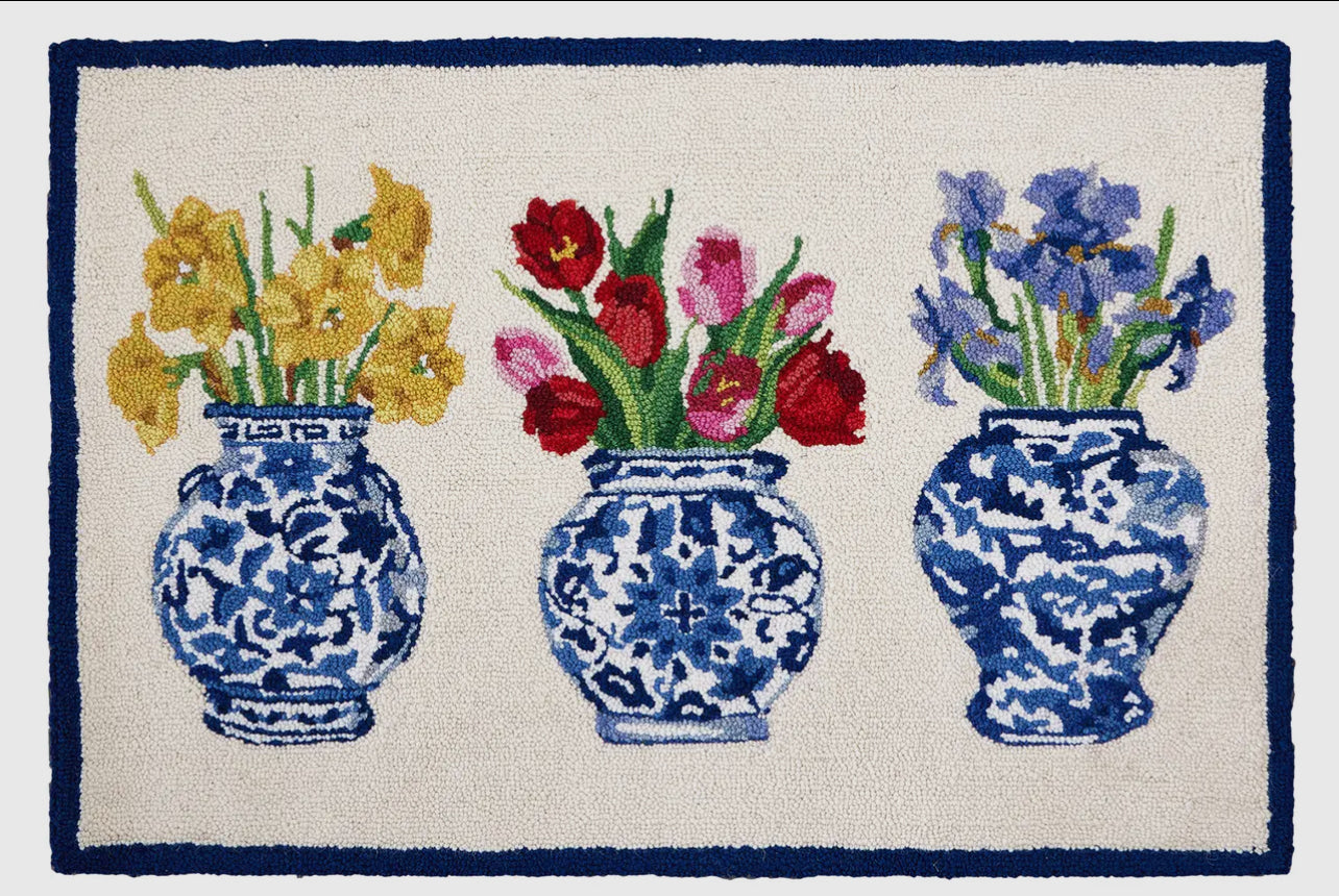 Flowers in chinoiserie cachepots hooked rug