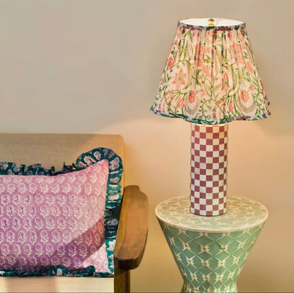 Gathered printed lampshades, pink and green floral