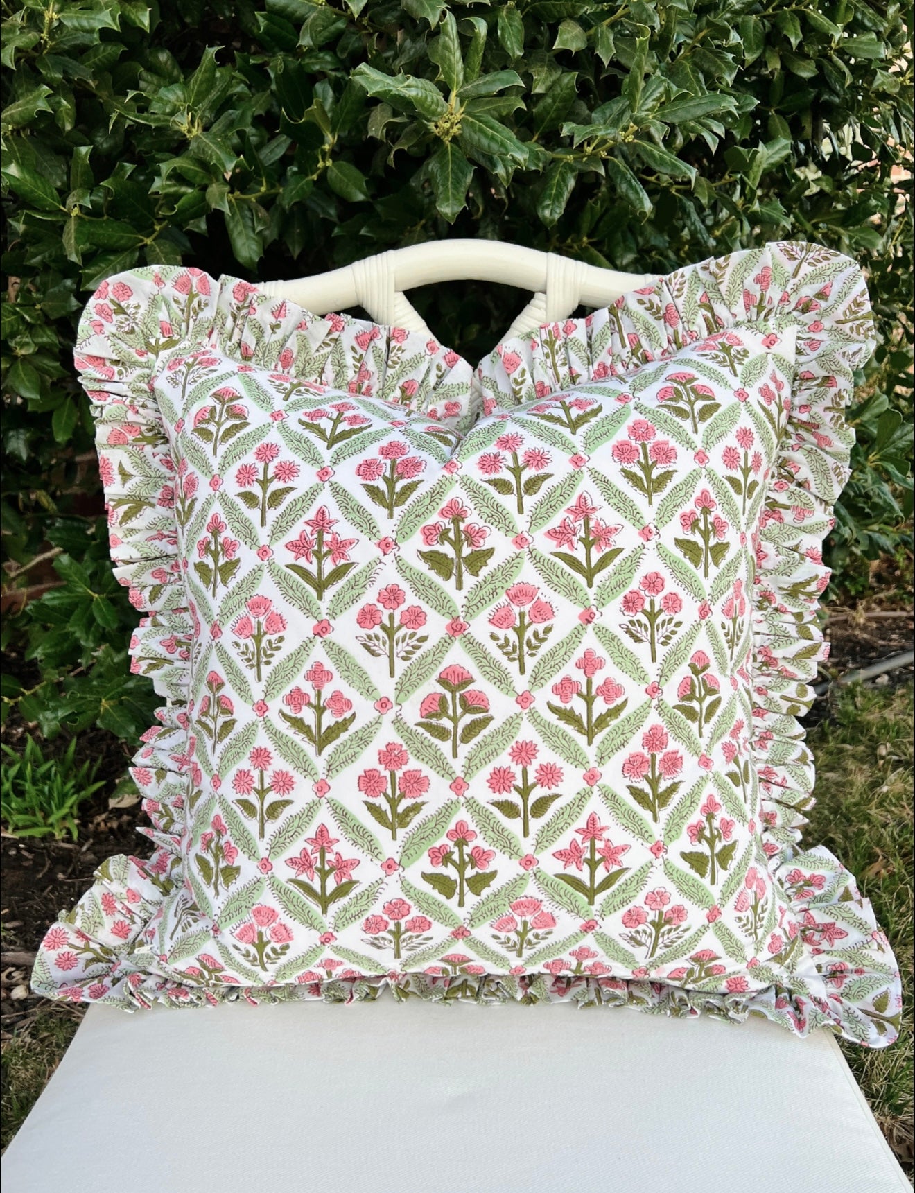 Light rose and green floral trellis block print ruffle pillow cover