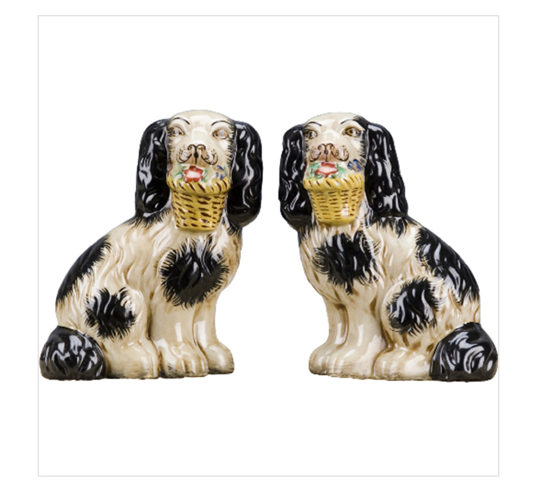 Staffordshire dog pair with flower baskets- black