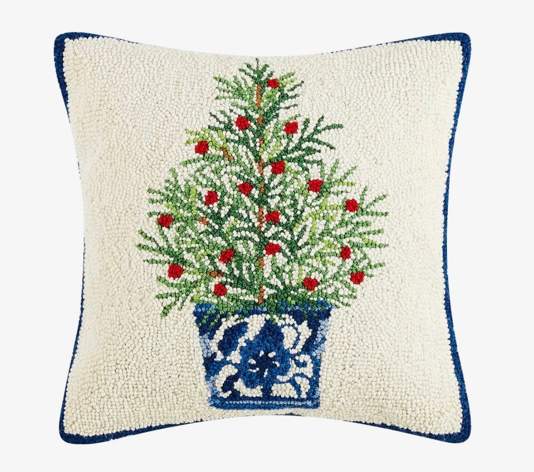 Holiday chinoiserie tree hooked wool pillow