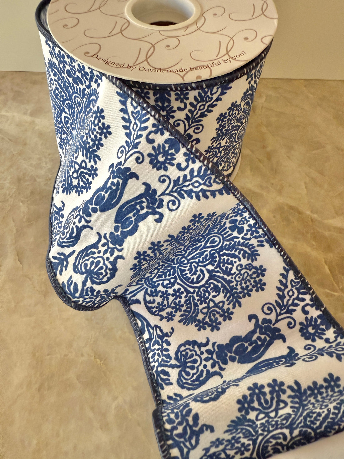 Dark blue and white chinoiserie floral print ribbon by the roll 4” x 10 yards