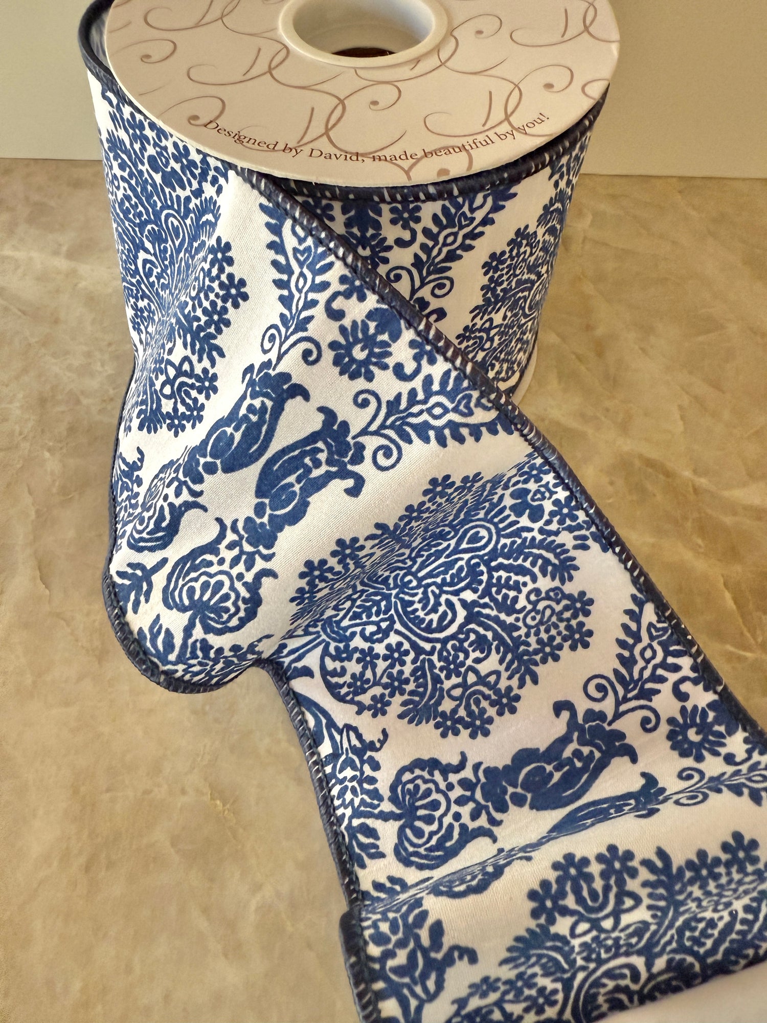 Dark blue and white chinoiserie floral print ribbon by the roll 4” x 10 yards