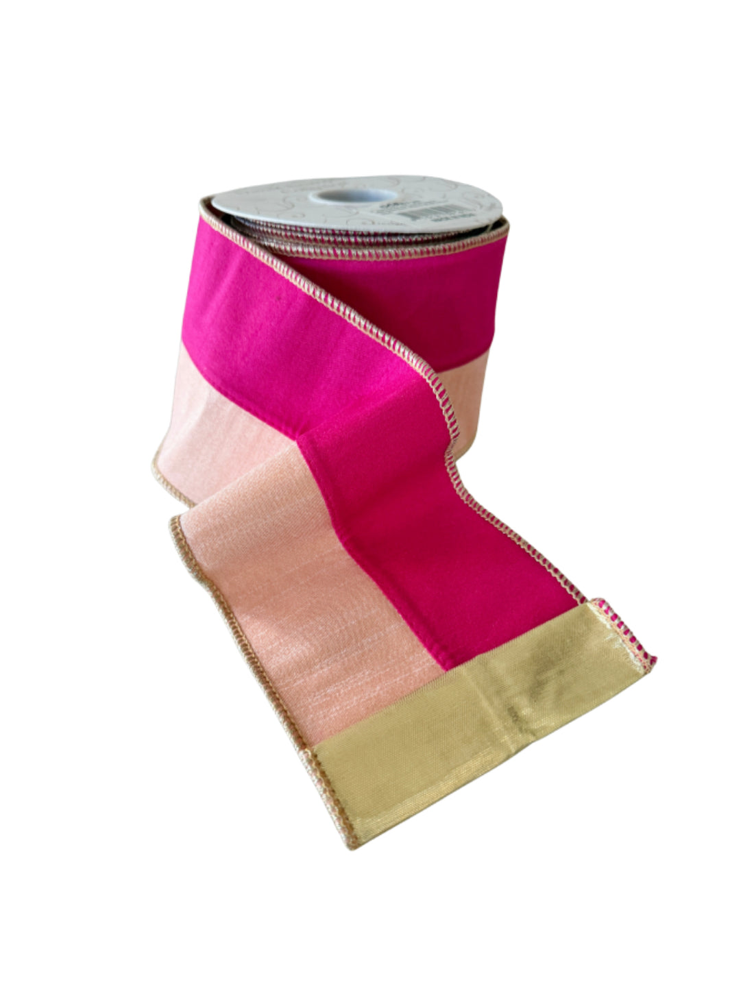 Fuchsia and peach two tone wired ribbon by the roll with gold backing 4”x10 yards