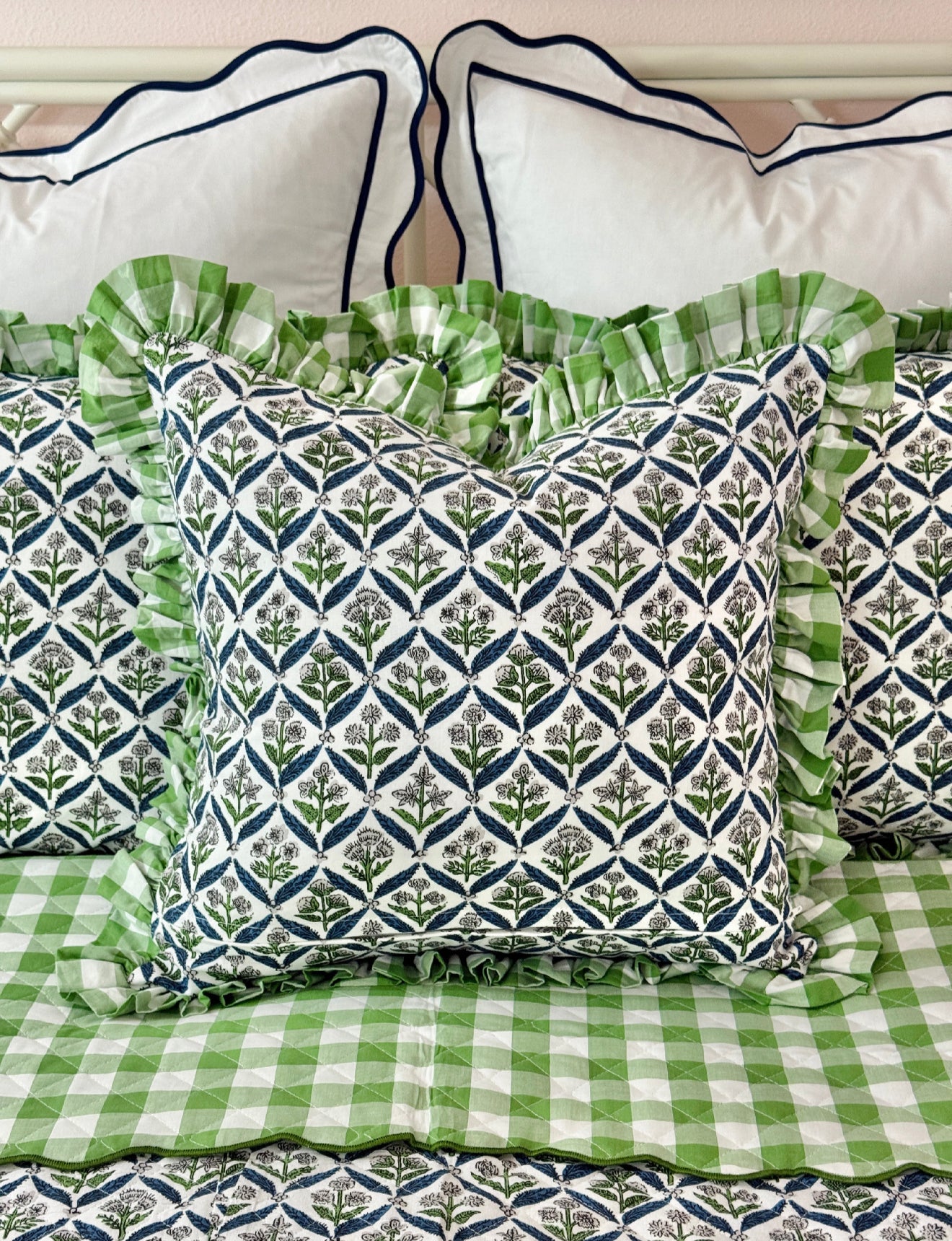Blue and green floral trellis block print ruffle pillow cover with green check ruffle trim