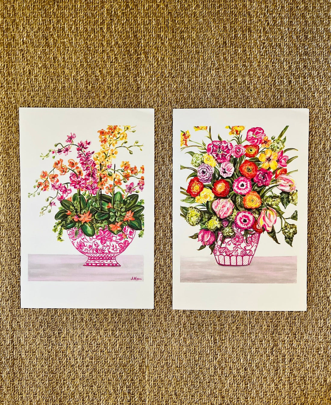 Set of Chinoiserie floral and pink ginger jar prints, unframed