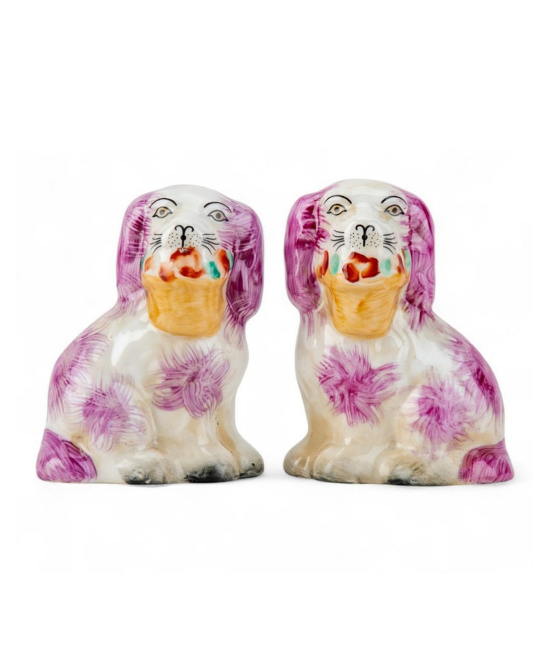 Mini pink porcelain Staffordshire dogs with flower baskets figurine pair