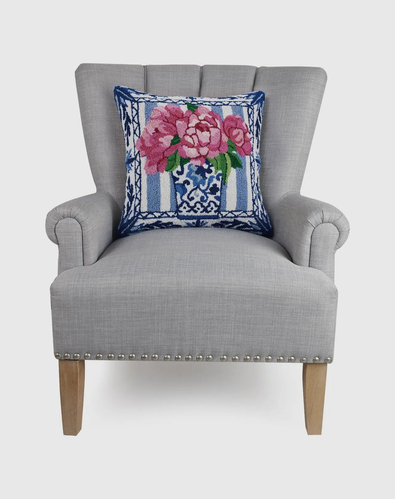 Chinoiserie and pink peonies on blue stripes pillow