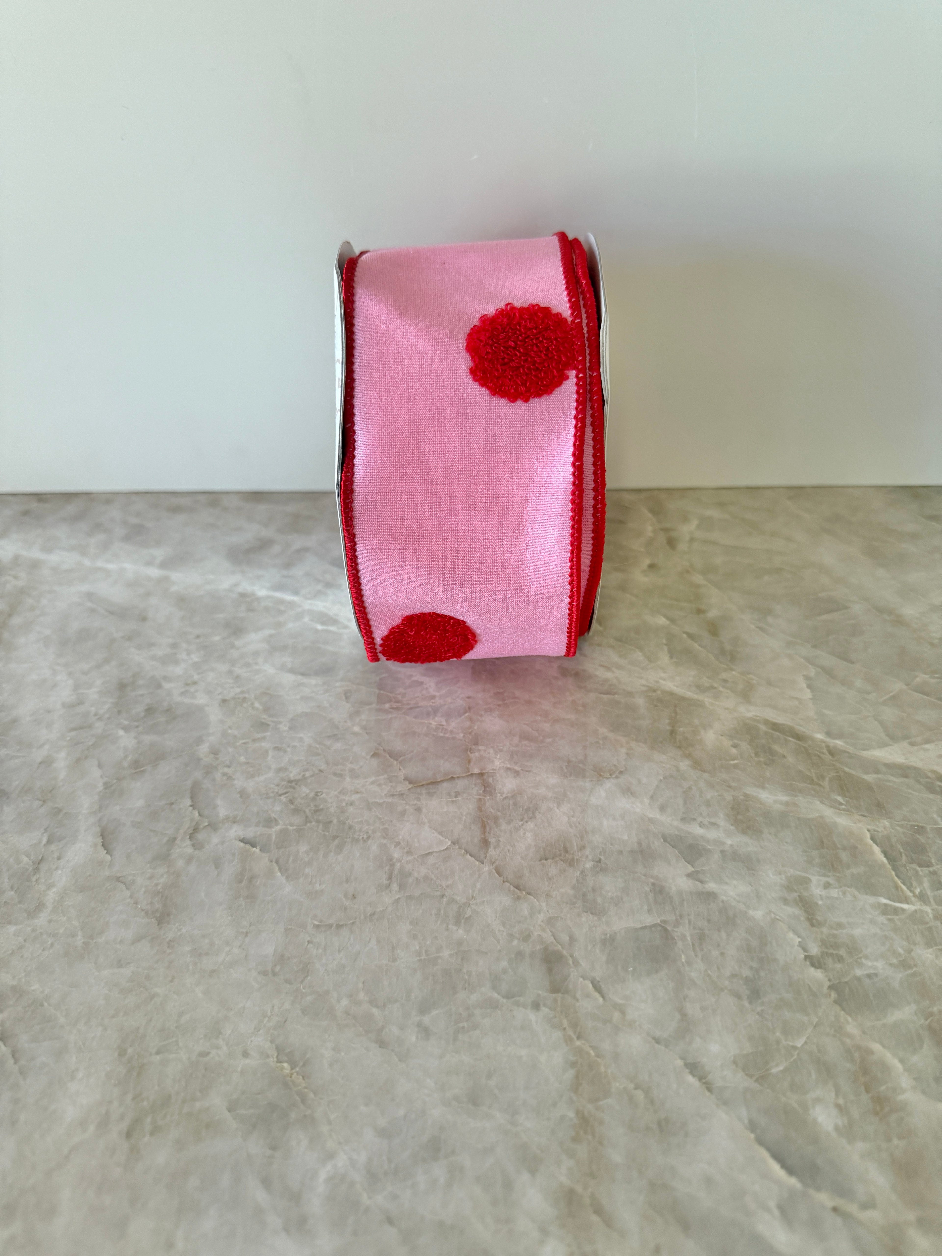 Pink and red pom pom polka dot ribbon by the roll, 2.5” x 10 yards