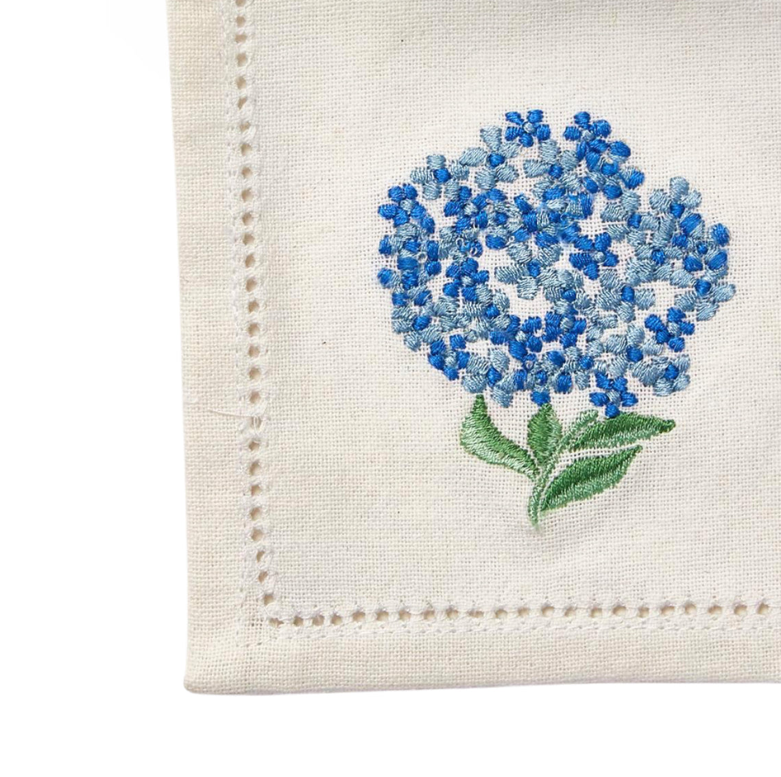 Hydrangea Set of 6 Hemstitch Cocktail Napkins with Hand Embroidered Details