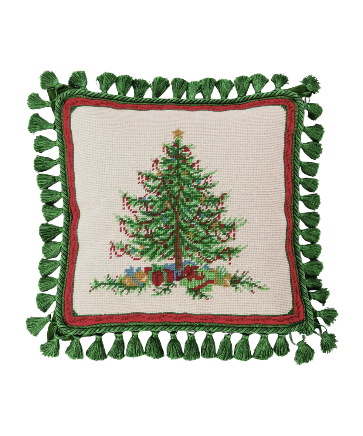 Needlepoint Christmas tree pillow with tassels