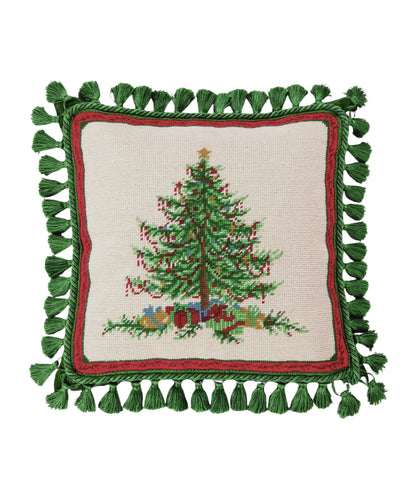 Needlepoint Christmas tree pillow with tassels