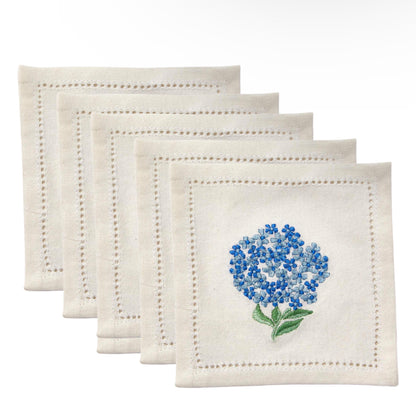 Hydrangea Set of 6 Hemstitch Cocktail Napkins with Hand Embroidered Details