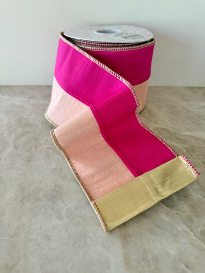 Fuchsia and peach two tone wired ribbon by the roll with gold backing 4”x10 yards