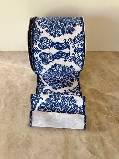 Dark blue and white chinoiserie floral print ribbon by the roll 4” x 10 yards