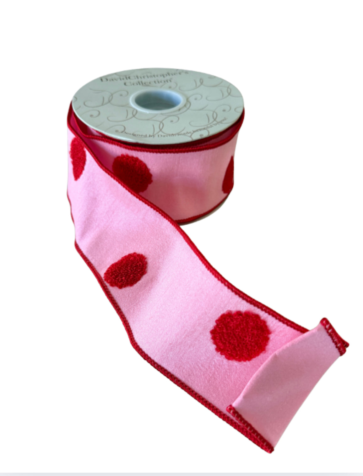 Pink and red pom pom polka dot ribbon by the roll, 2.5” x 10 yards
