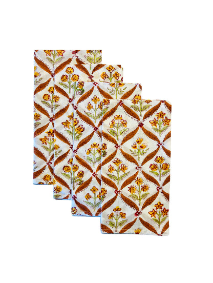 Fall floral block print napkins 100% cotton, set of 4