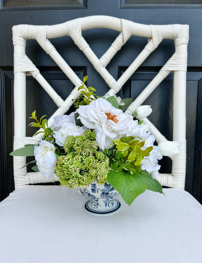 White rose and tulip floral arrangement in chinoiserie footed bowl