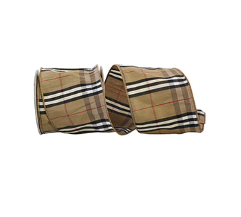 Tan and red tartan plaid ribbon