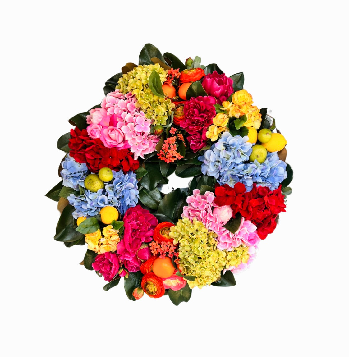 The “Mackie” bright, fabulous mixed floral wreath 30”