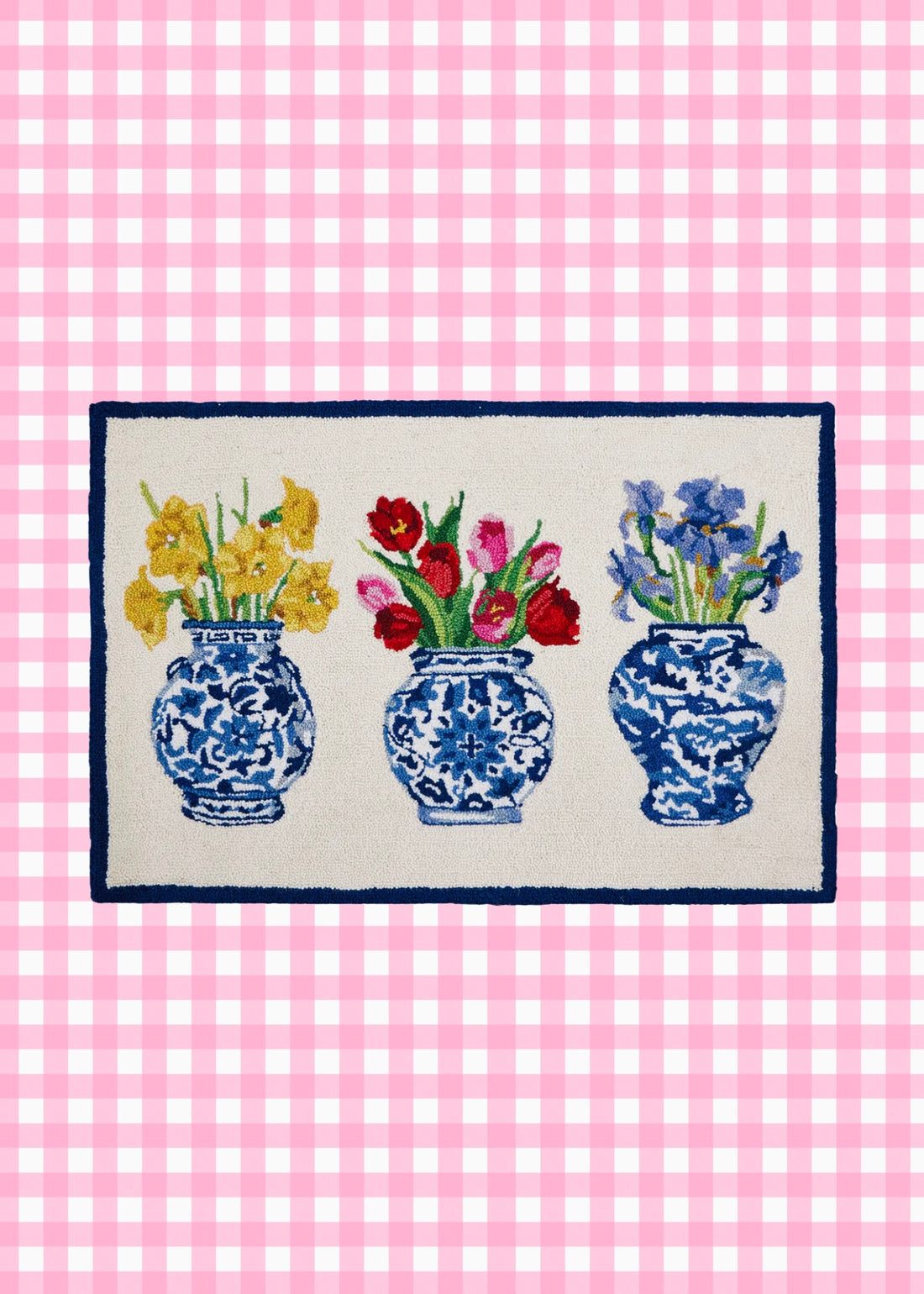 Flowers in chinoiserie cachepots hooked rug