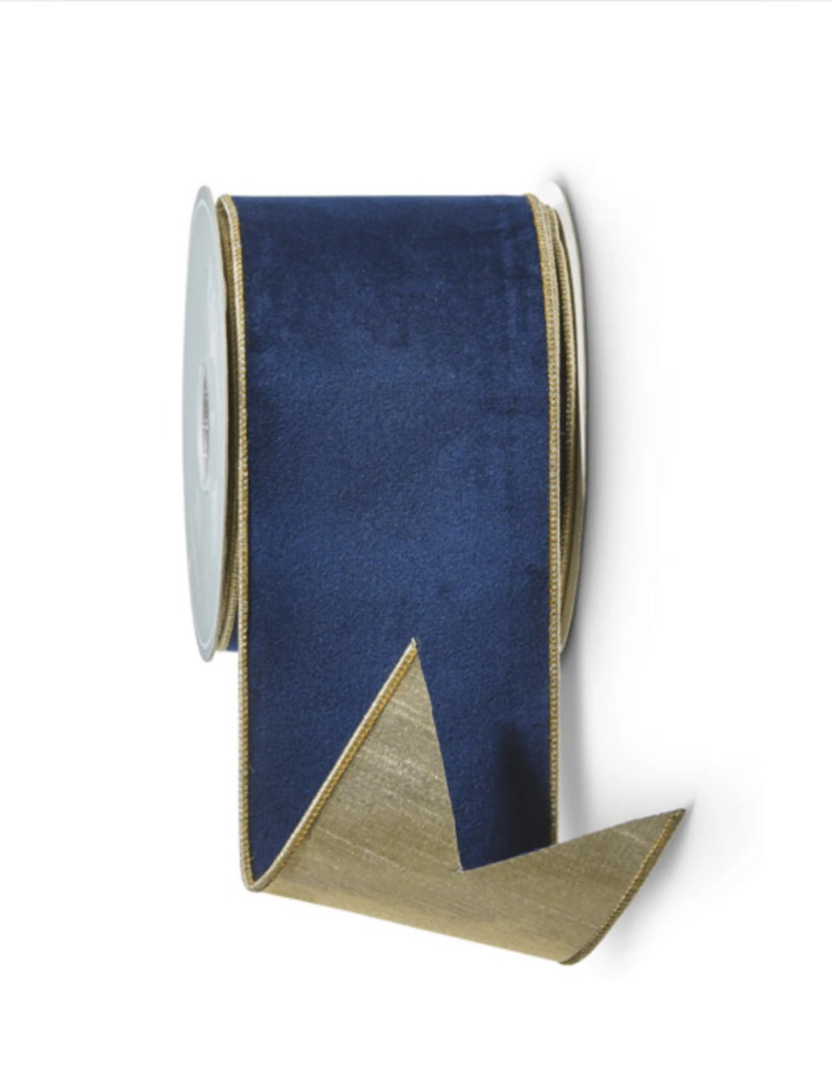 Navy velvet ribbon with gold backing, 4” wide x 10 yards
