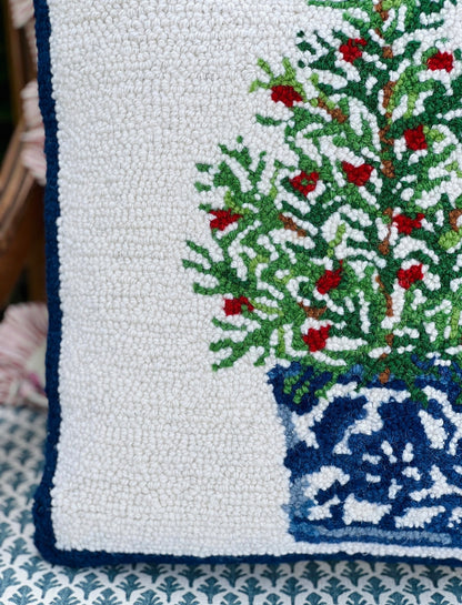 Holiday chinoiserie tree hooked wool pillow