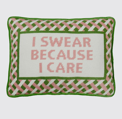 Needlepoint pillow, pink and green “I swear because I care”