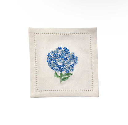 Hydrangea Set of 6 Hemstitch Cocktail Napkins with Hand Embroidered Details