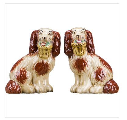 Staffordshire dog pair with flower baskets- rust