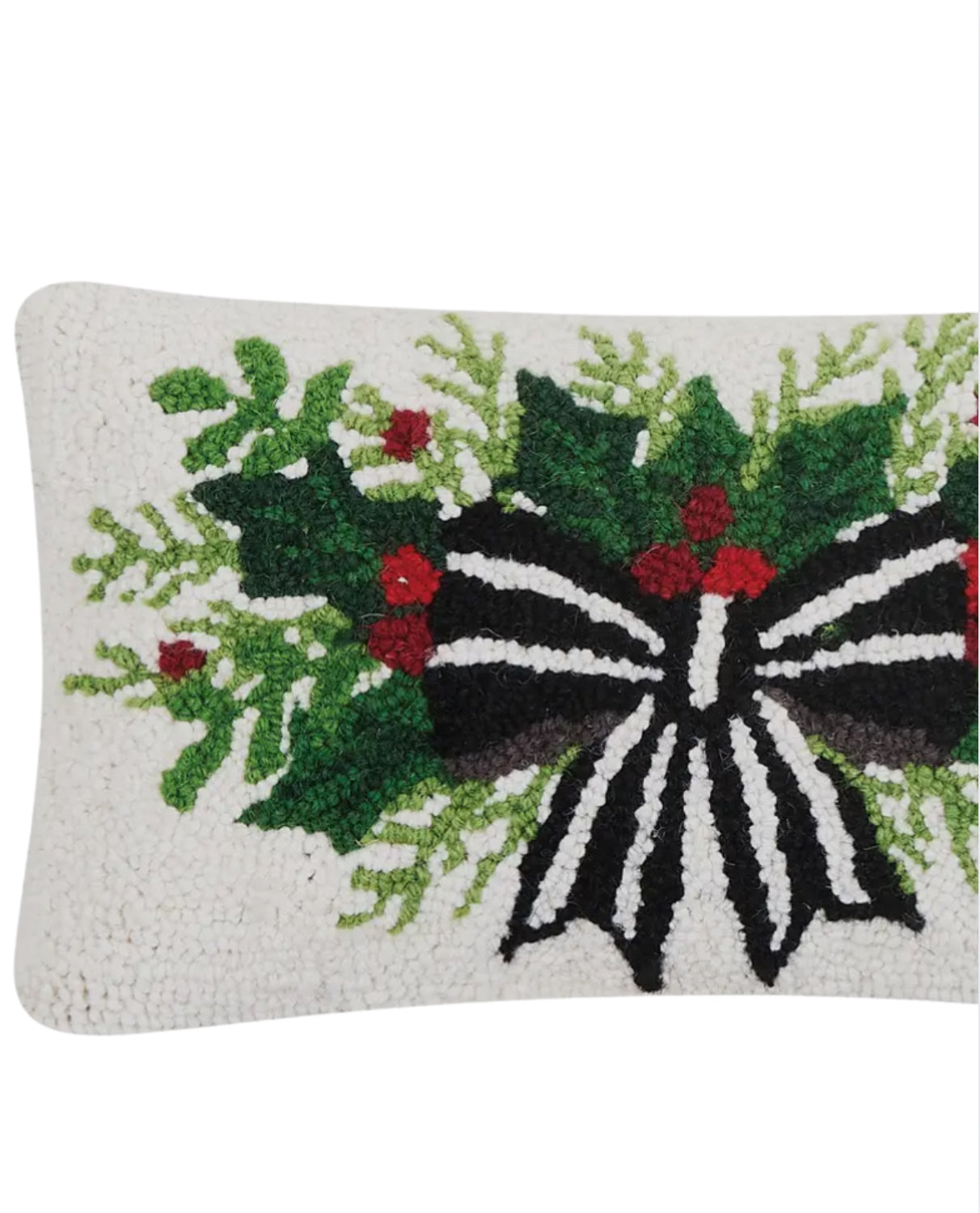 Holiday bow and holly hand hooked wool lumbar pillow