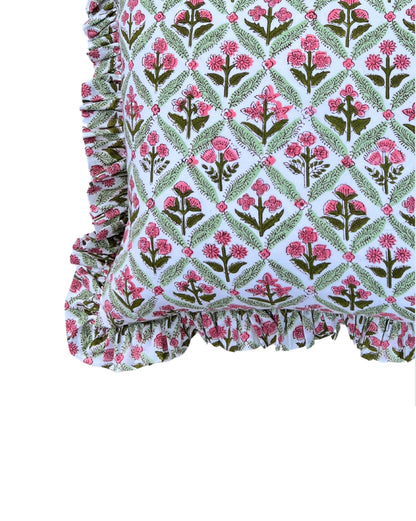 Pink and green floral trellis block print ruffle pillow cover