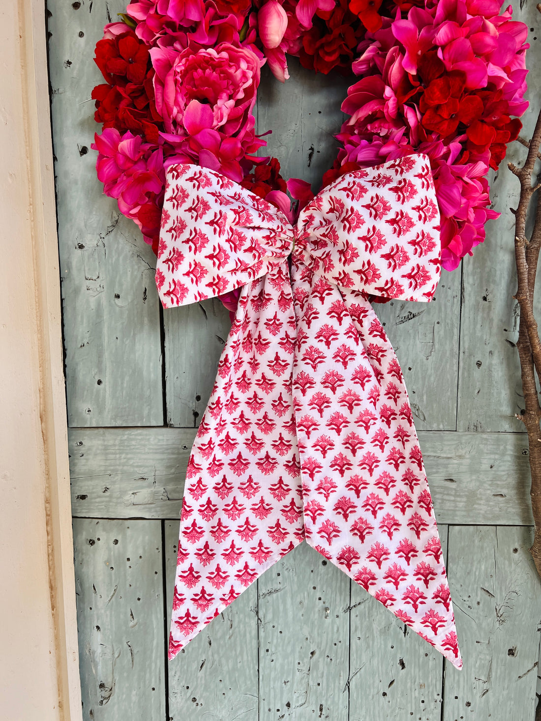 Red block print wreath sash