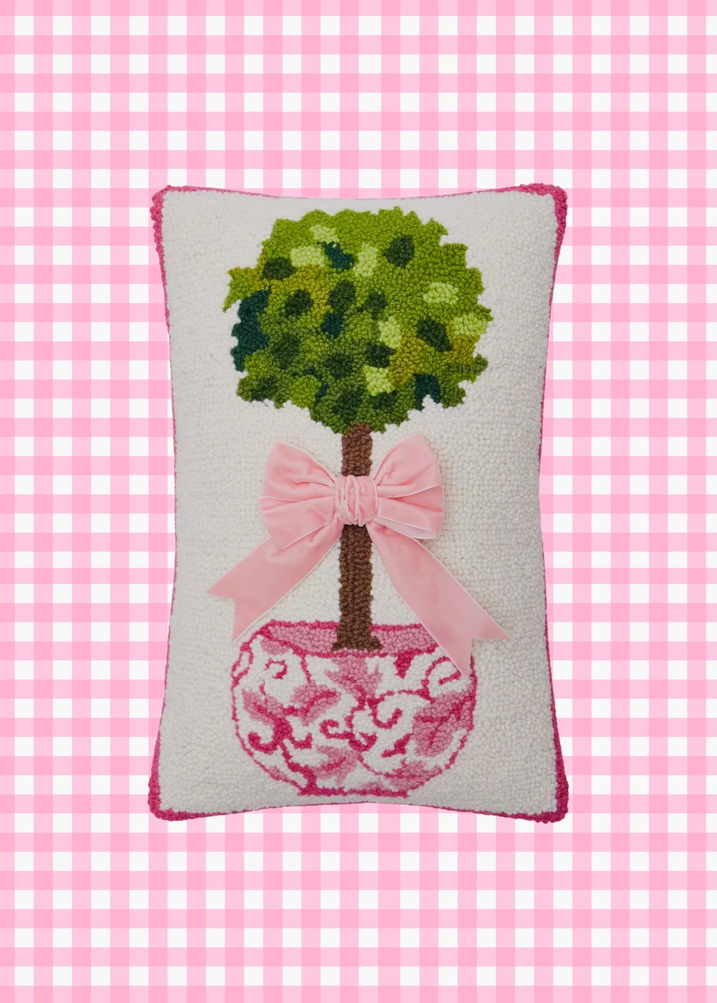 Pink chinoiserie hooked wool topiary pillow