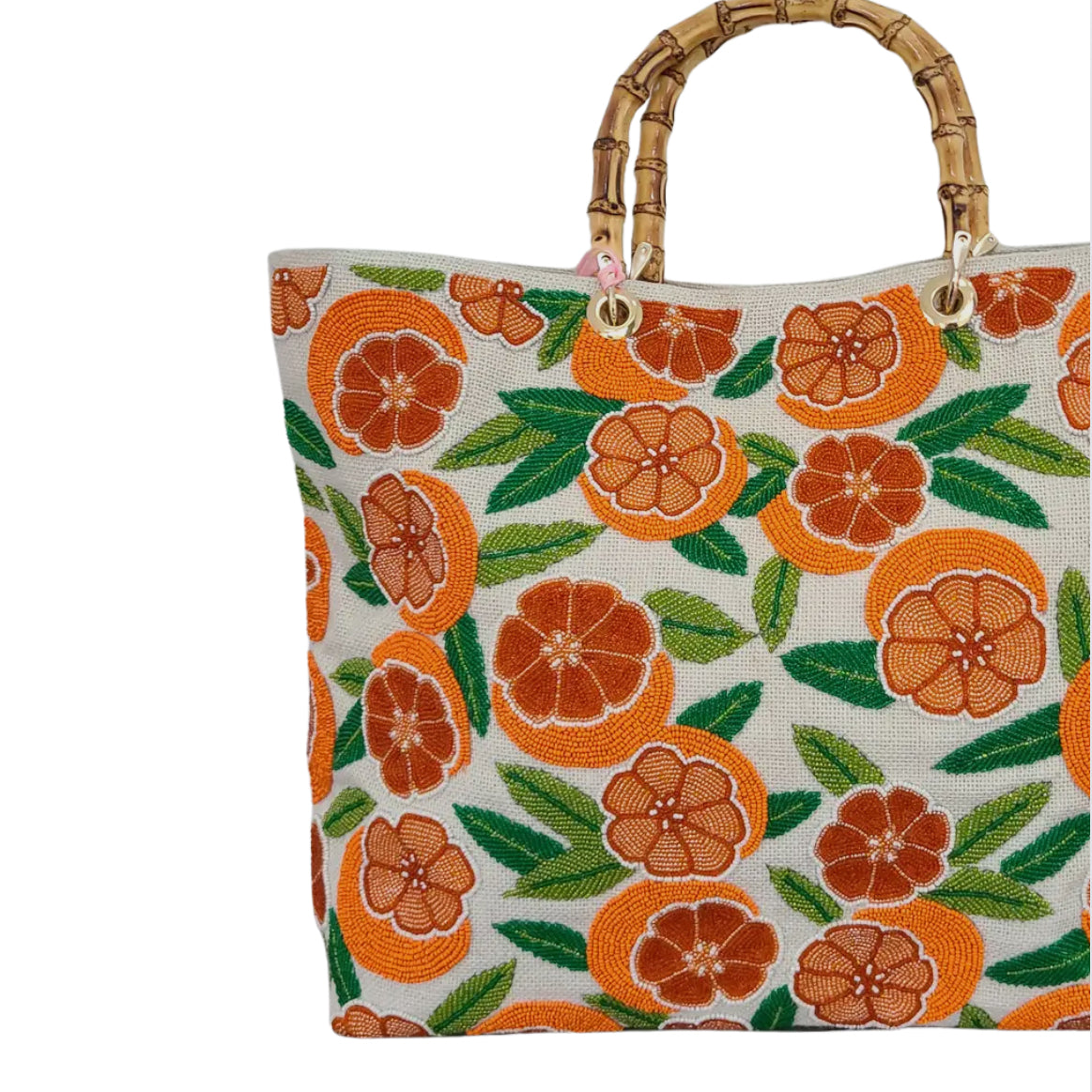 Hand beaded orange citrus tote with bamboo handle *preorder ships in 3 weeks*