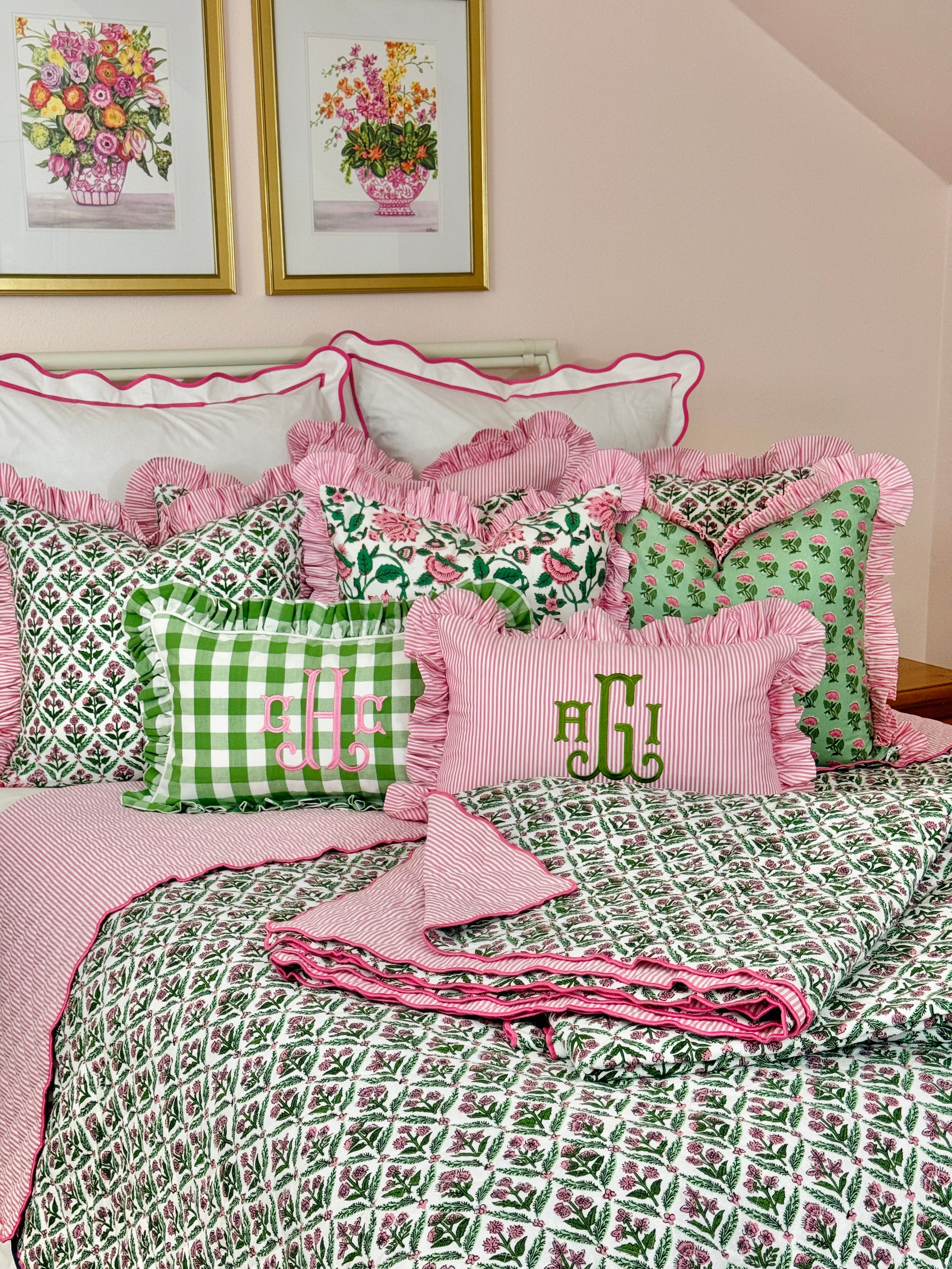 Pink and green floral trellis block print bedding collection