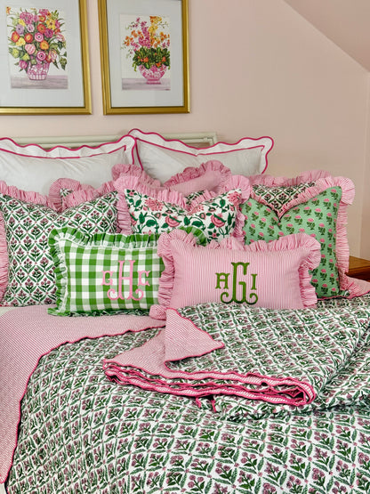 Pink and green floral trellis block print bedding collection