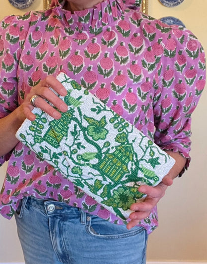 Hand beaded green and white chinoiserie clutch *in stock!*