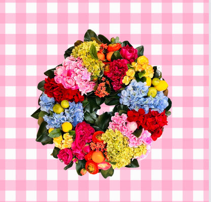 The “Mackie” bright, fabulous mixed floral wreath 30”