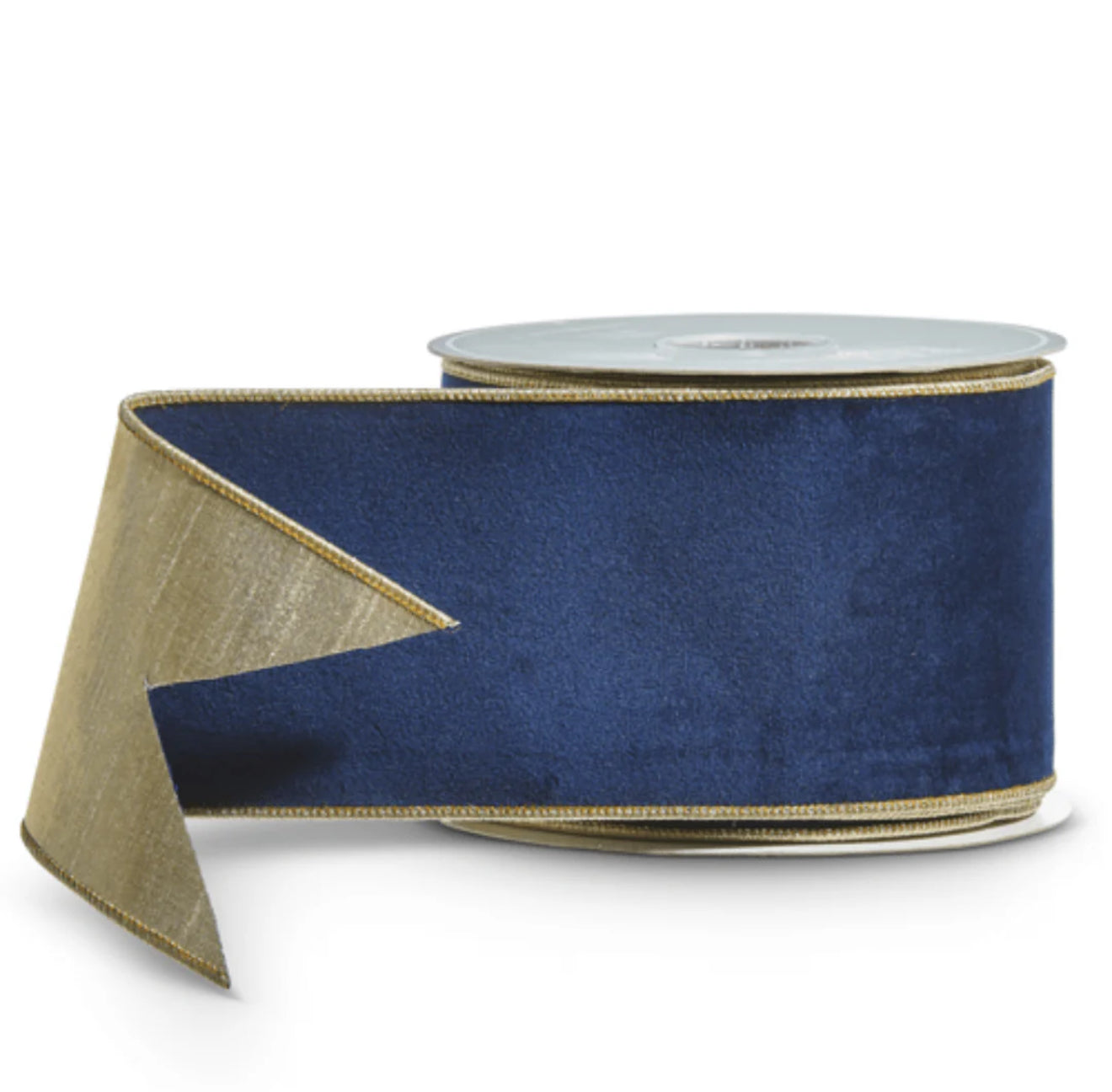 Navy velvet ribbon with gold backing, 4” wide x 10 yards
