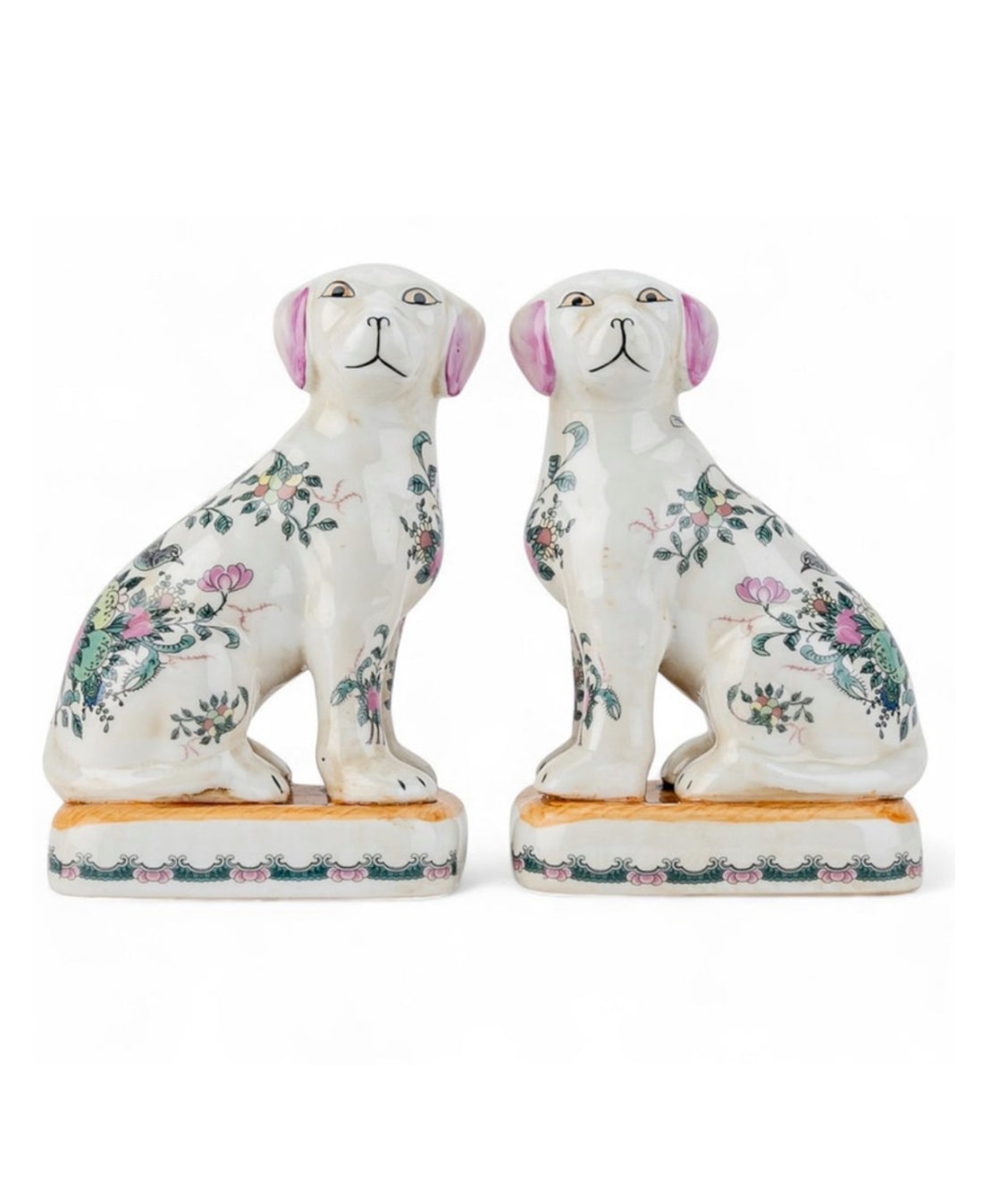 Pink floral Rose Medallion porcelain Staffordshire dog pair 7.5”