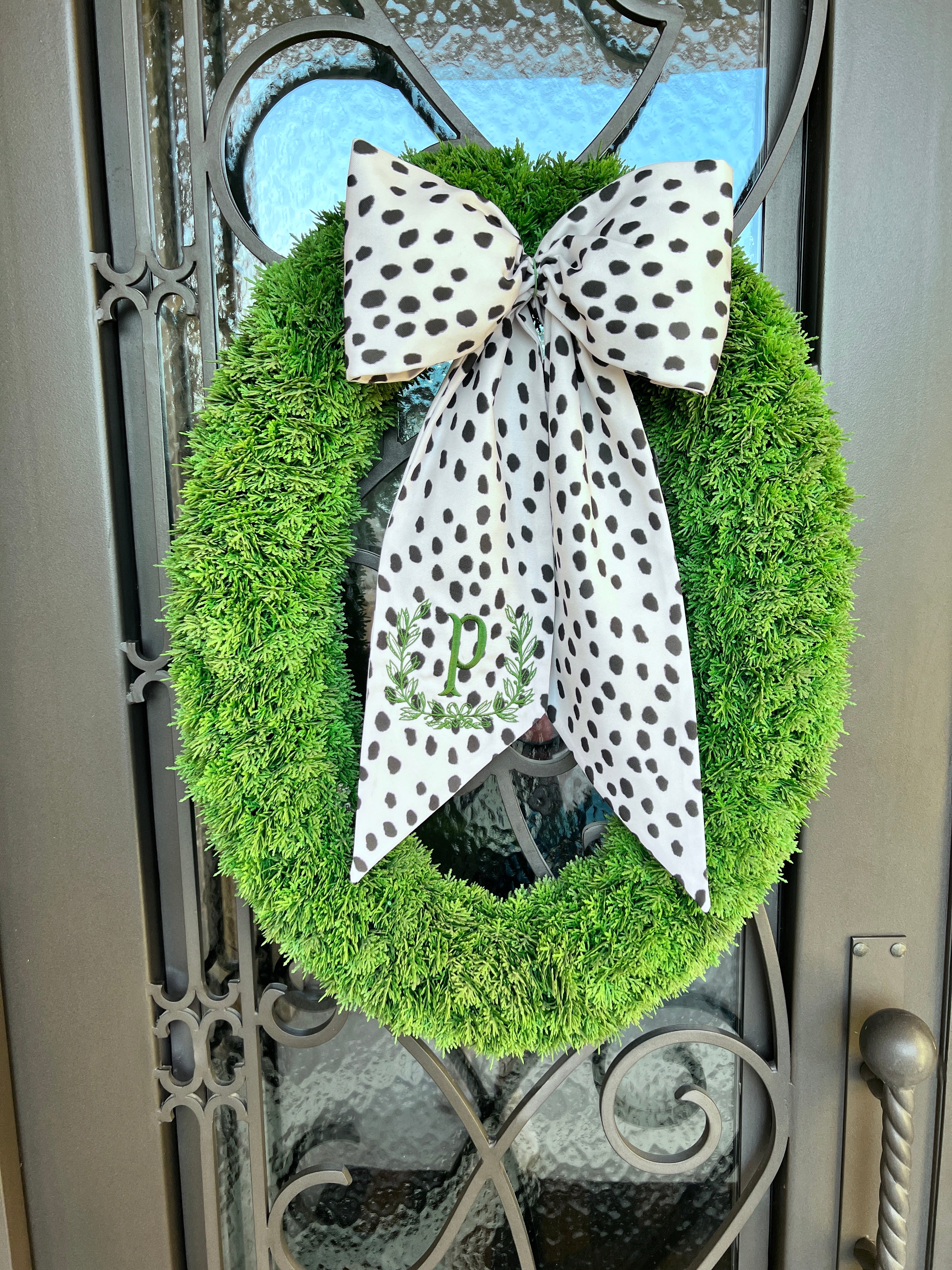 Outdoor wreath sash cream and black spot, monogram available