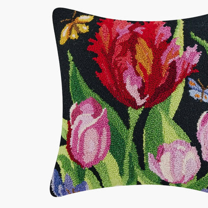 Bright tulips on black hand hooked pillow