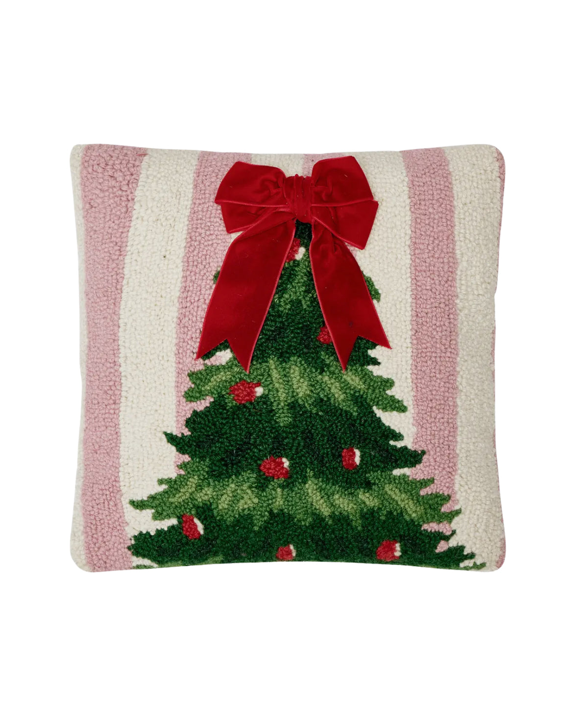 Pink and red hand hooked Christmas tree pillow with bow