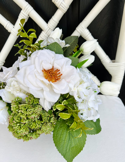 White rose and tulip floral arrangement in chinoiserie footed bowl