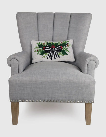 Holiday bow and holly hand hooked wool lumbar pillow