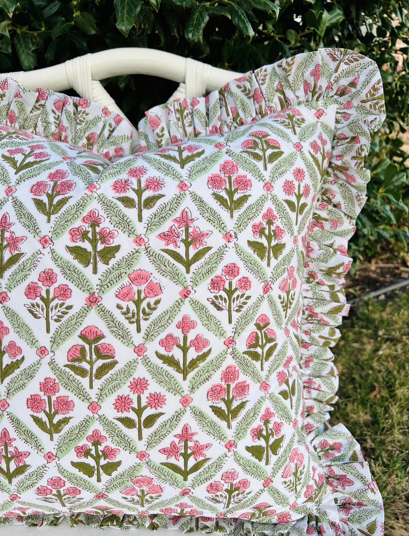 Light rose and green floral trellis block print ruffle pillow cover